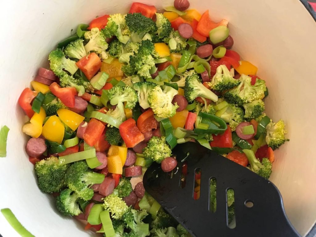 Add Broccoli Pepper and Cabanossi to pot