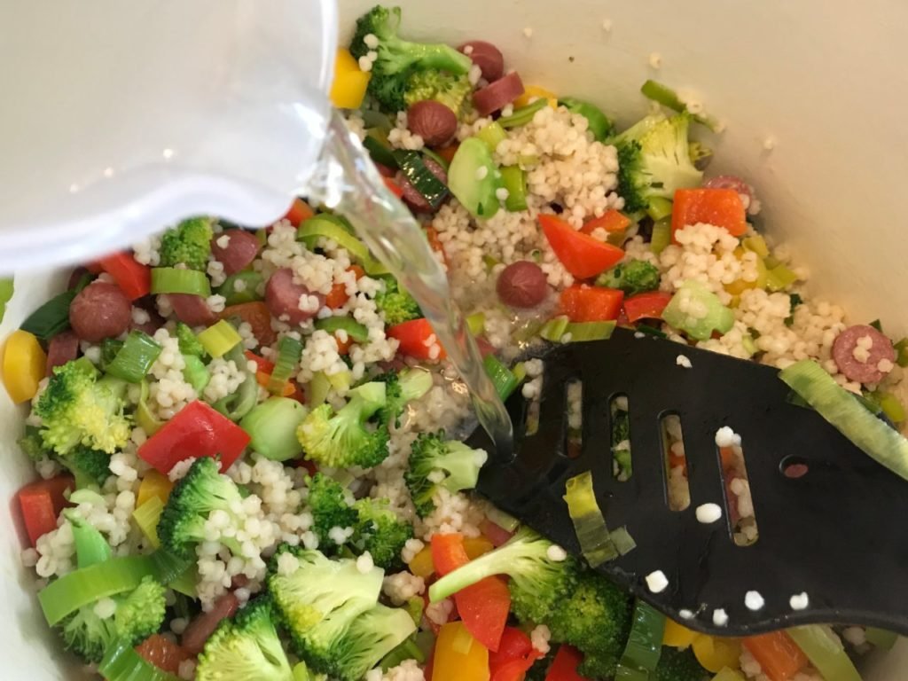 Chicken broth added to Broccoli and Cabanossi