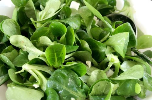 Mache or Field salad leaves with feta and dressing