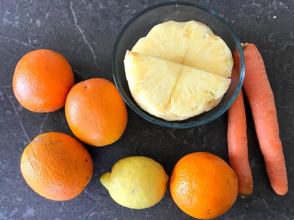 Exotic juice ingredients laid out on the table