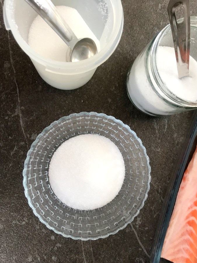 Salt and sugar in a bowl for curing salmon
