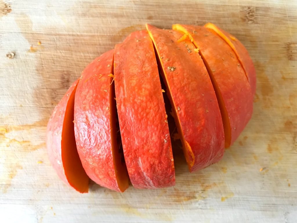 Red Kuri squash pumpkin cut into strips