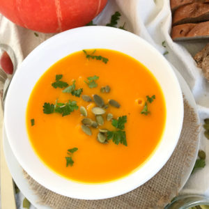 Red Kuri squash soup served in a bowl