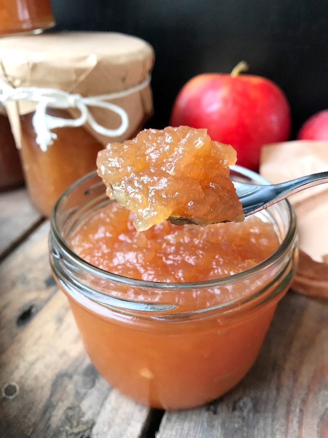 Apple jam without pectin in a glass jar.
