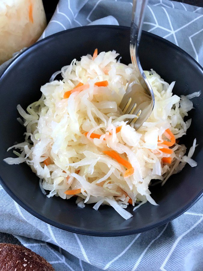 Homemade Sauerkraut served in a bowl.