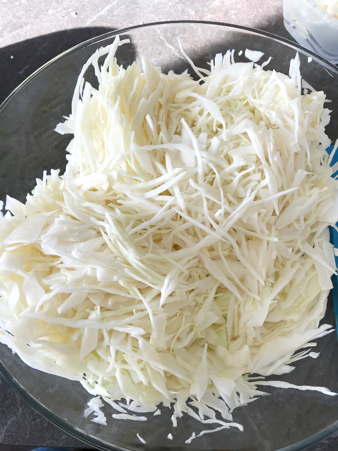 Shredded cabbage in a big glass bowl