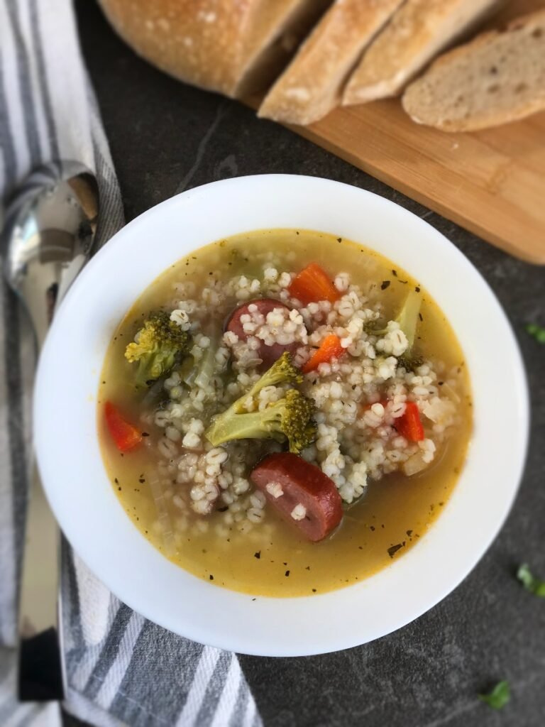 Hearty Stew with Broccoli, Sausage, and barley