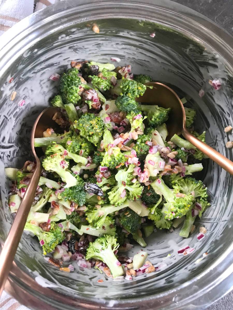 Broccoli Salad in a salad bowl