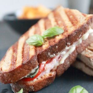 panini sandwich with tomato and ham served on a platter