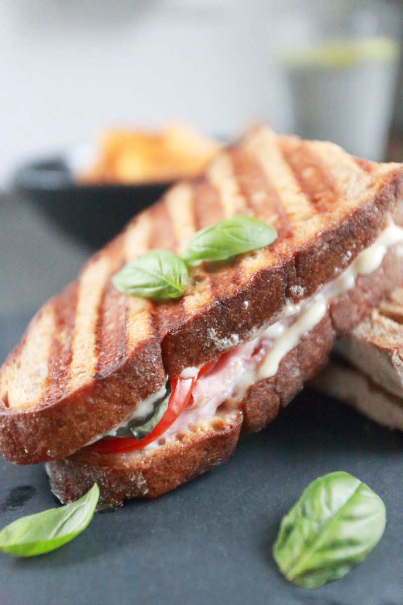 panini sandwich with tomato and ham served on a platter