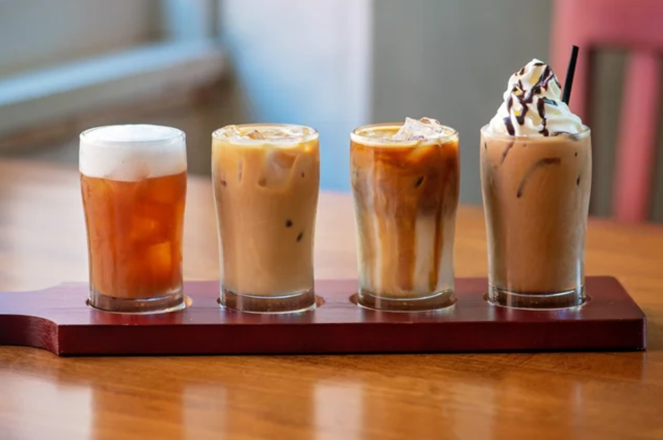 Iced Coffee Tasting - Iced Coffee flights from Brio Coffeehouse served on a board.