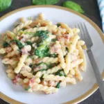 Gemelli pasta served on a dinner plate.