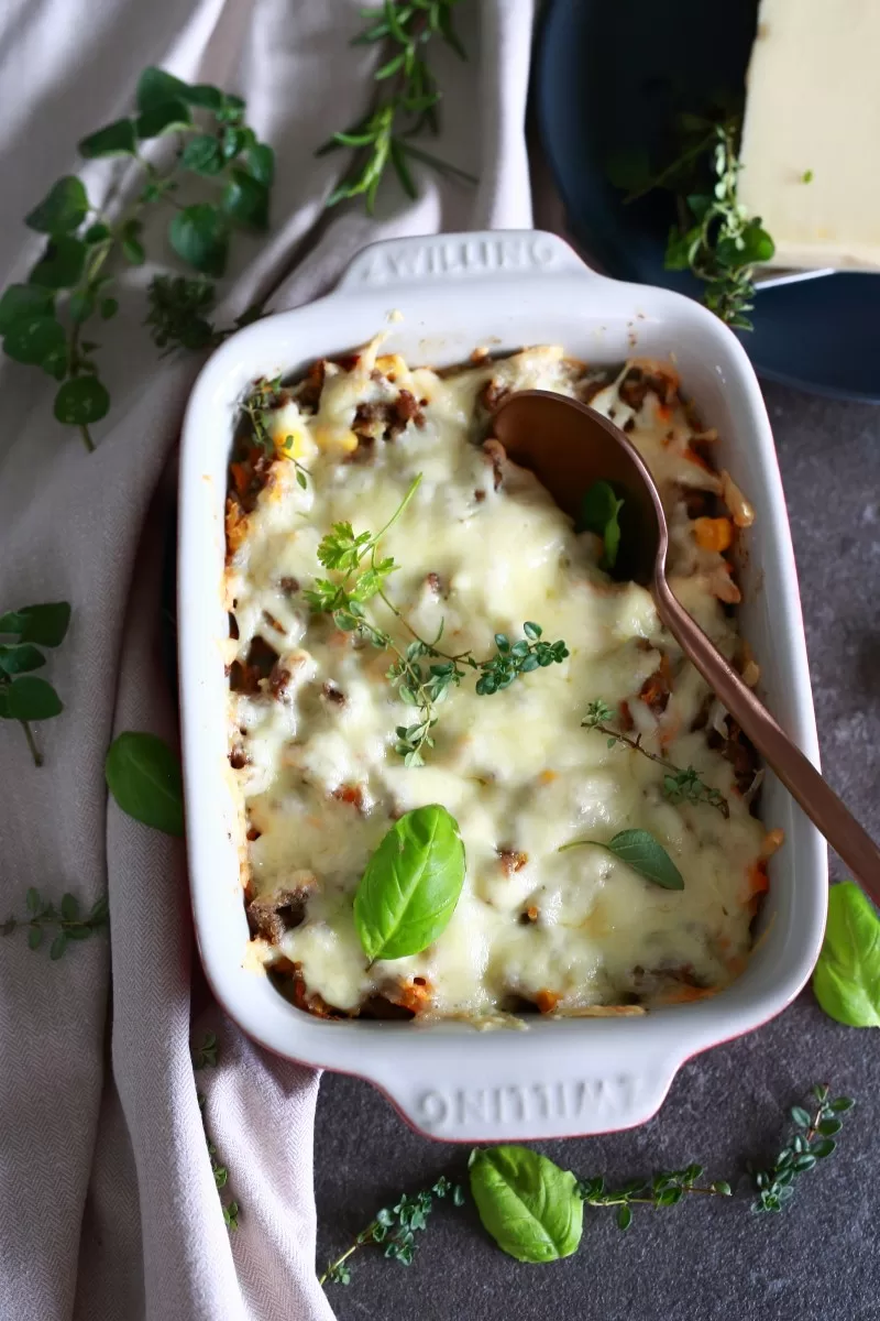 Rice and Corn Casserole in a casserole dish