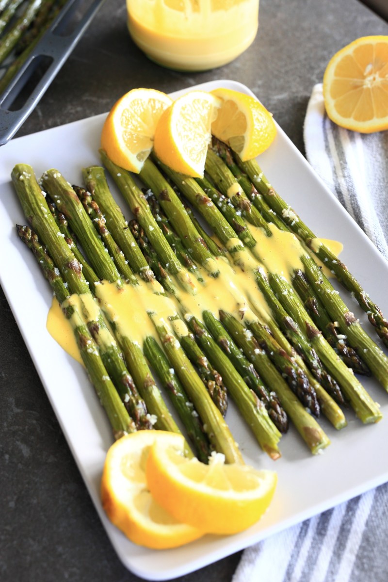 Garlic Asparagus with immersion blender hollandaise sauce.