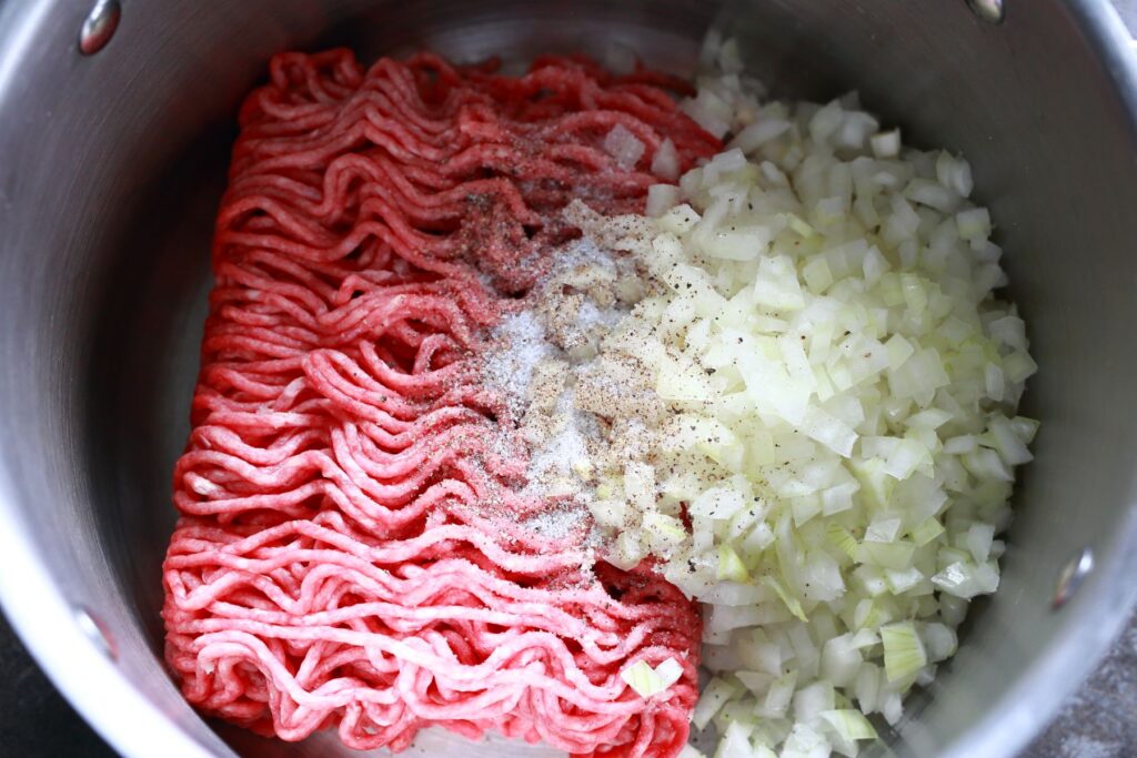 A bowl of ground meat, diced onions and seasonings.