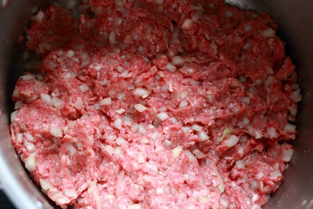 Pelmeni meat filling in a bowl.