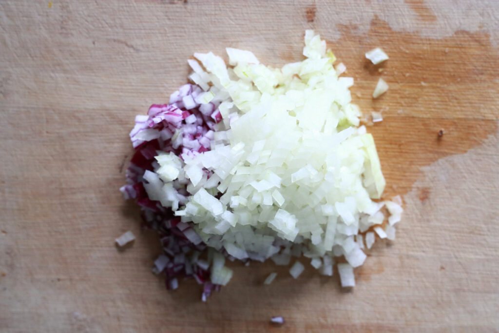 Finely chopped onion on a cutting board