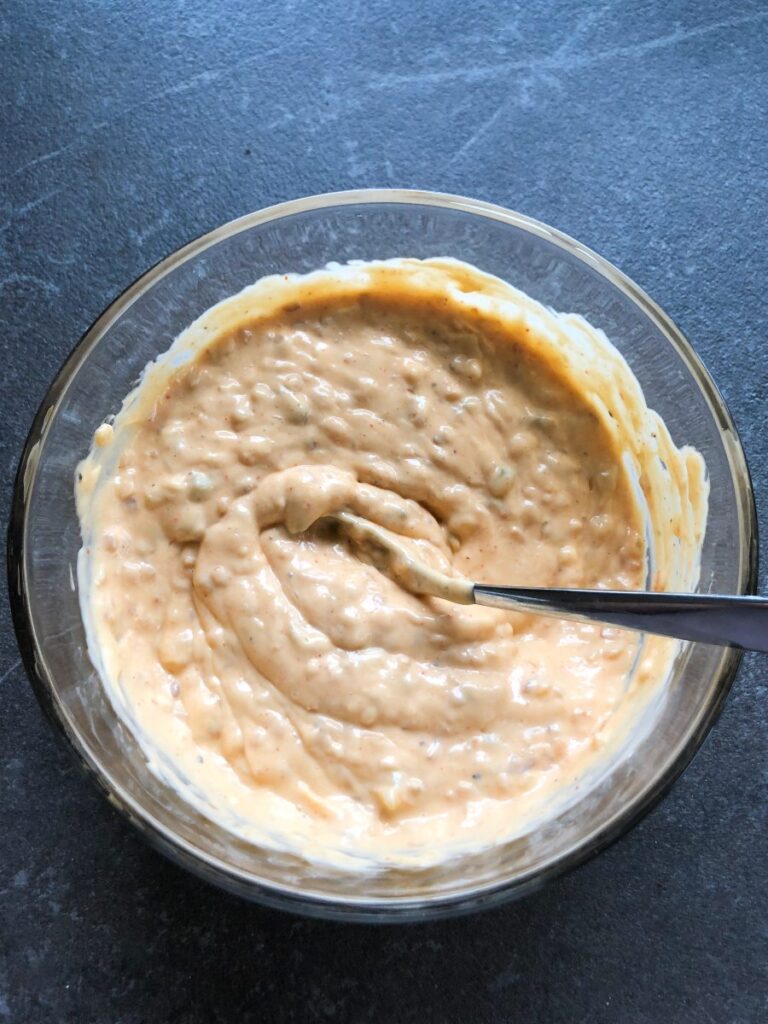 Burger sauce recipe prepared in a glass bowl