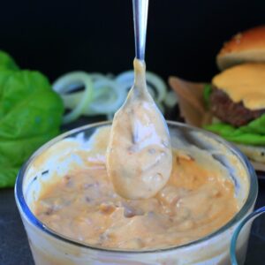 Burger sauce in a glass dish.