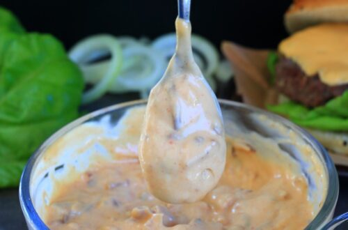 Burger sauce in a glass dish.