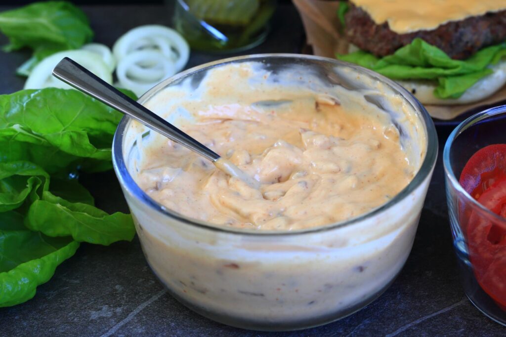 Burger sauce in a glass dish.