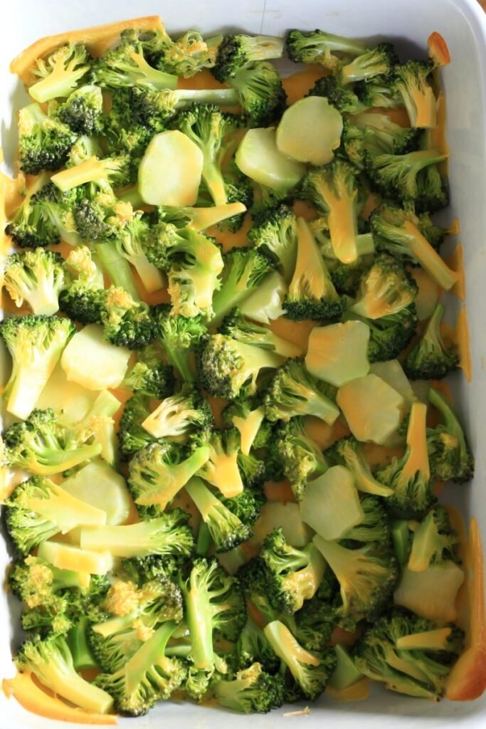 Baked broccoli and cheese in a casserole dish