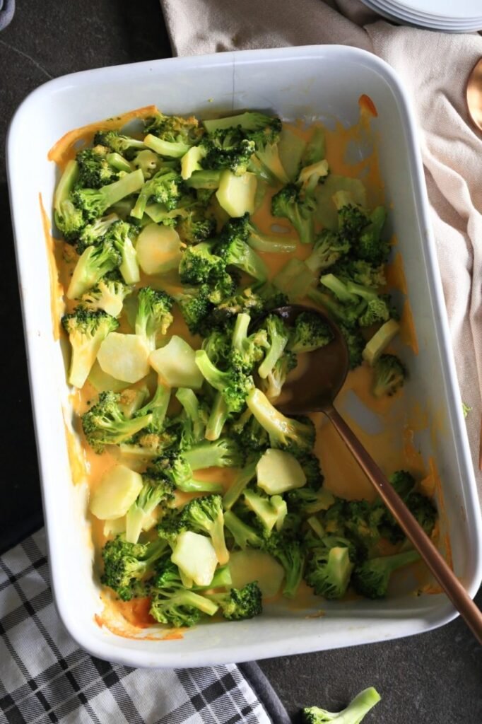 Broccoli and cheese baked in a casserole dish