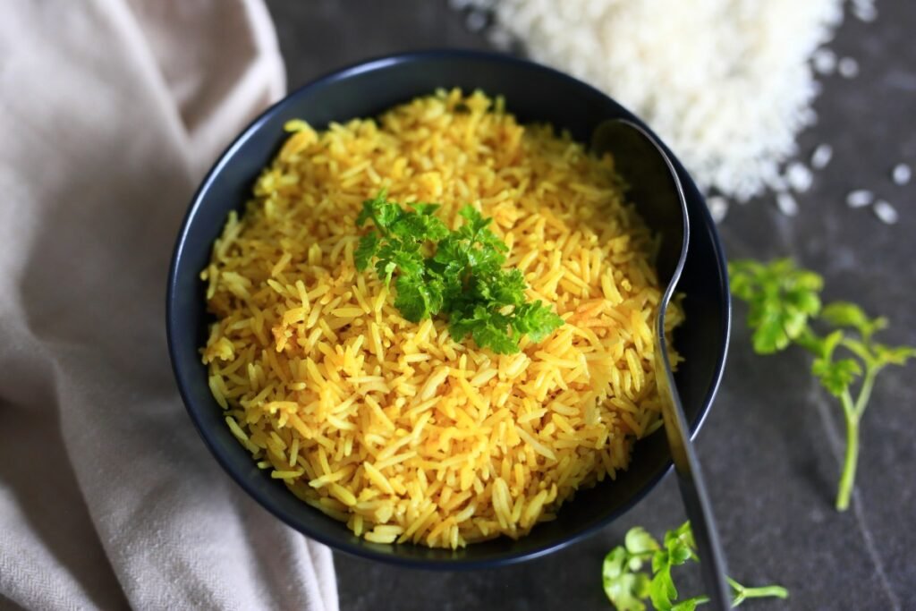 Spiced rice in a black bowl