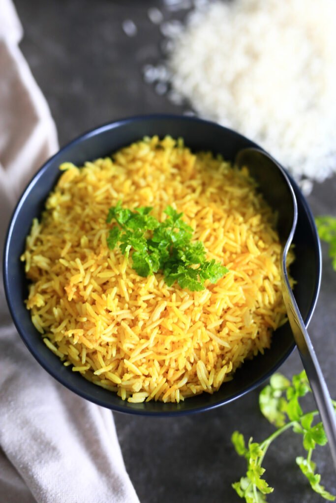 Spiced rice served in a black bowl