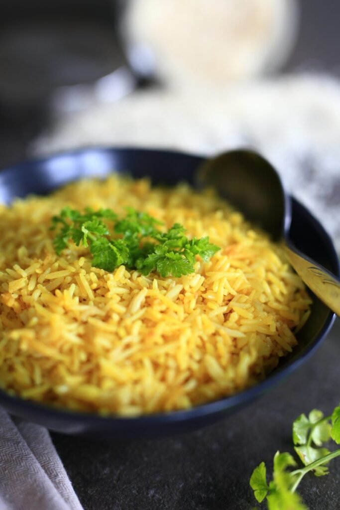 Spiced Rice served in a black bowl