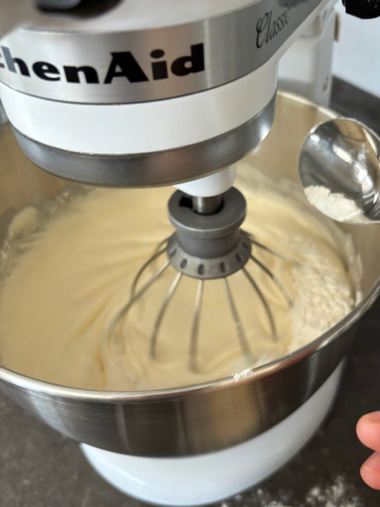 Add flour to beat eggs and sugar