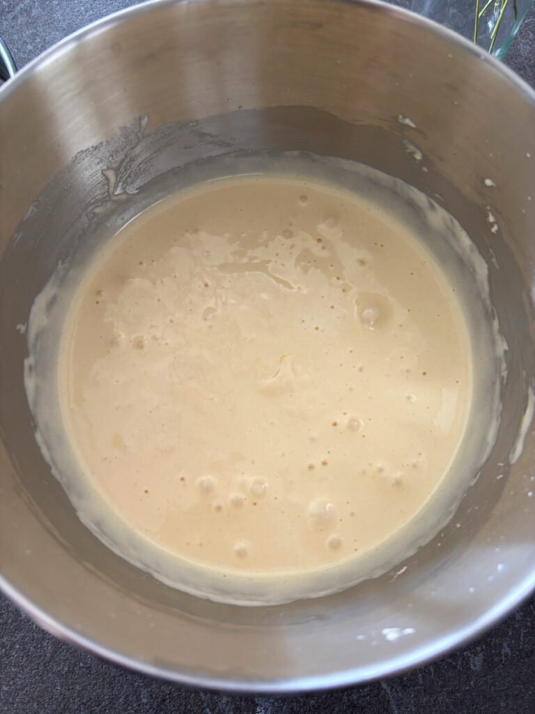 Sponge cake batter in mixing bowl