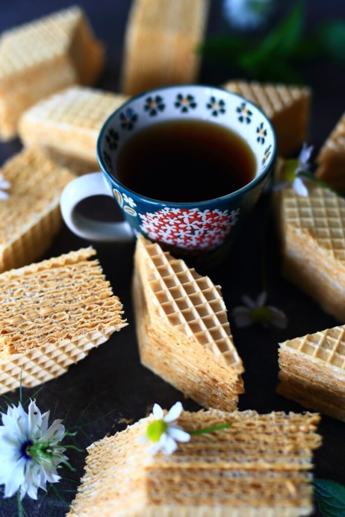 Dulce de Leche waffles cake with a cup of coffee